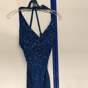 Adrianna Papell fancy long halter dress in teal with two color sequins. Size 14.